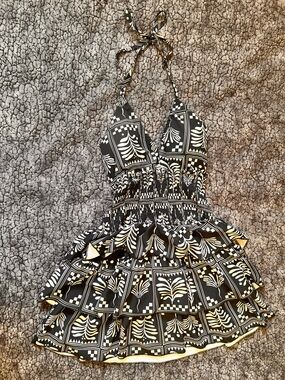 Backless Black & Cream Printed Smocked Sundress